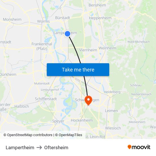 Lampertheim to Oftersheim map