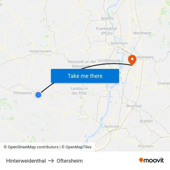 Hinterweidenthal to Oftersheim map