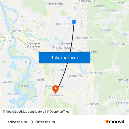 Heddesheim to Oftersheim map