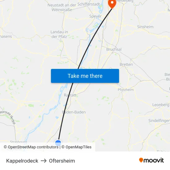 Kappelrodeck to Oftersheim map