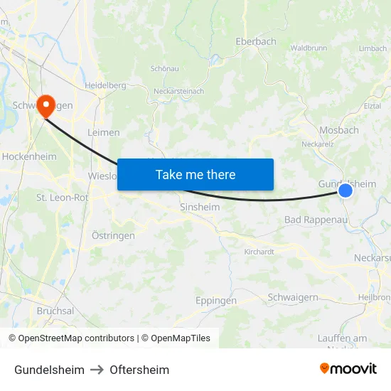 Gundelsheim to Oftersheim map