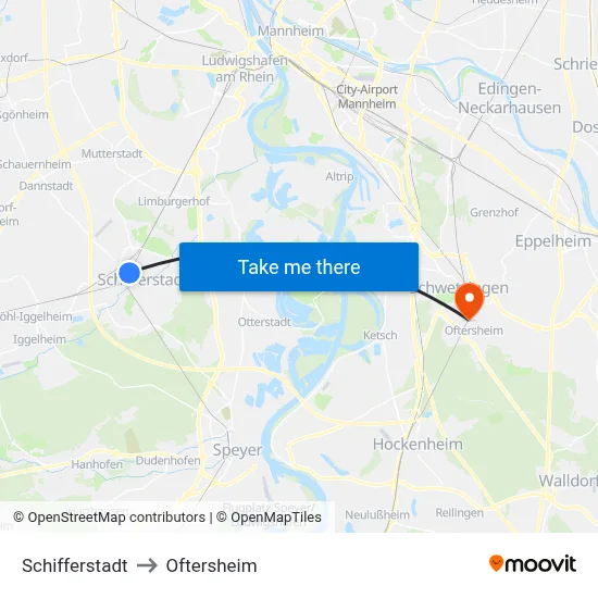 Schifferstadt to Oftersheim map