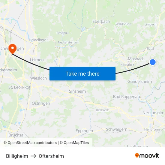 Billigheim to Oftersheim map