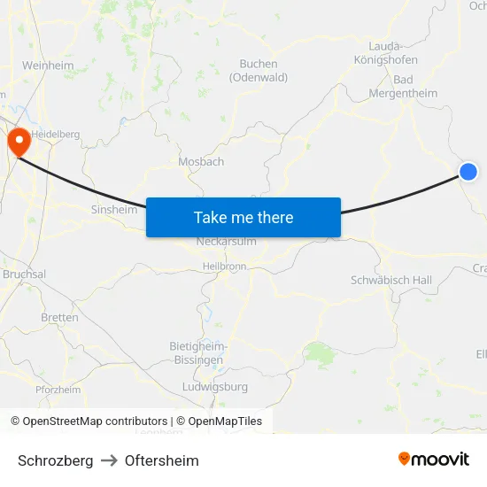 Schrozberg to Oftersheim map