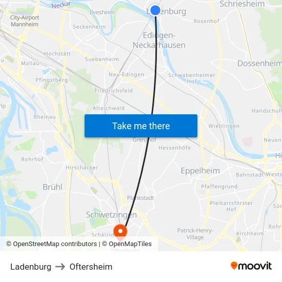 Ladenburg to Oftersheim map