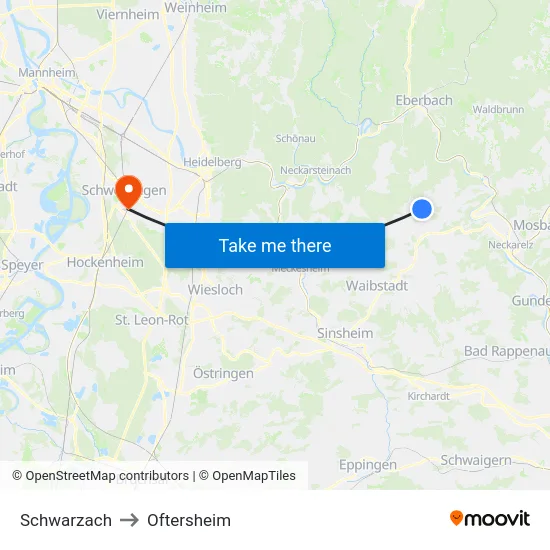 Schwarzach to Oftersheim map