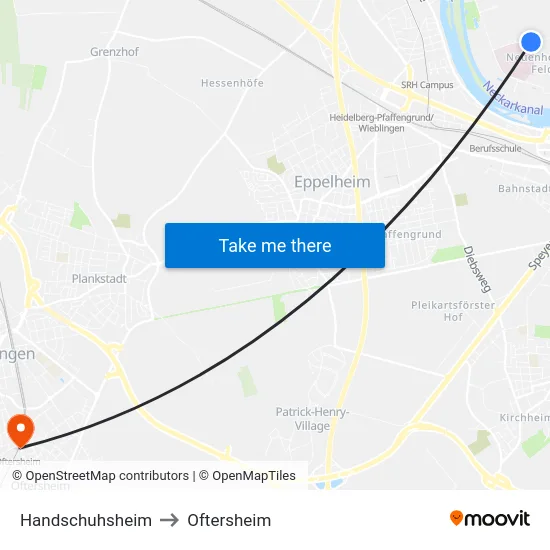 Handschuhsheim to Oftersheim map