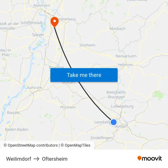 Weilimdorf to Oftersheim map