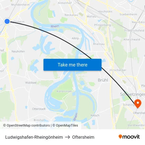 Ludwigshafen-Rheingönheim to Oftersheim map