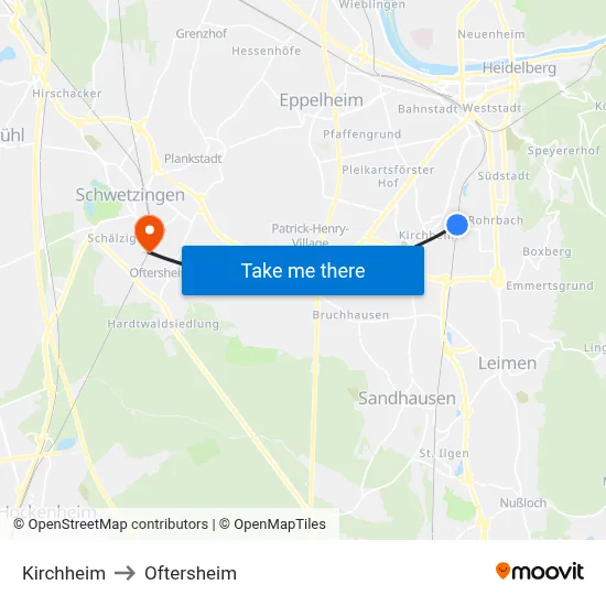 Kirchheim to Oftersheim map