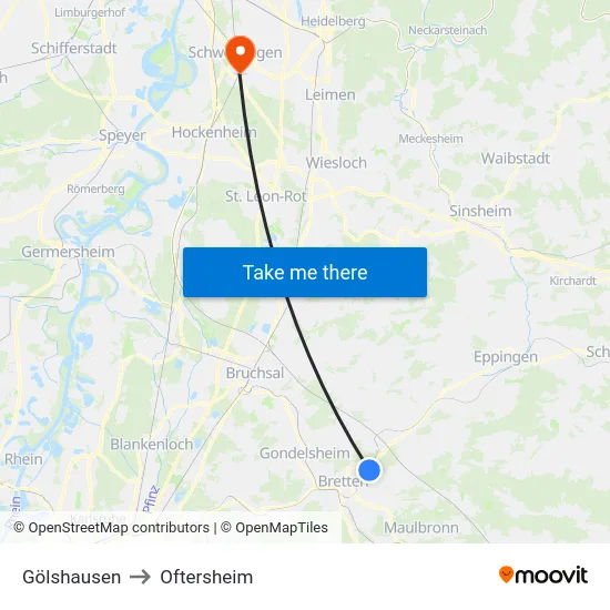 Gölshausen to Oftersheim map