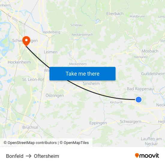 Bonfeld to Oftersheim map