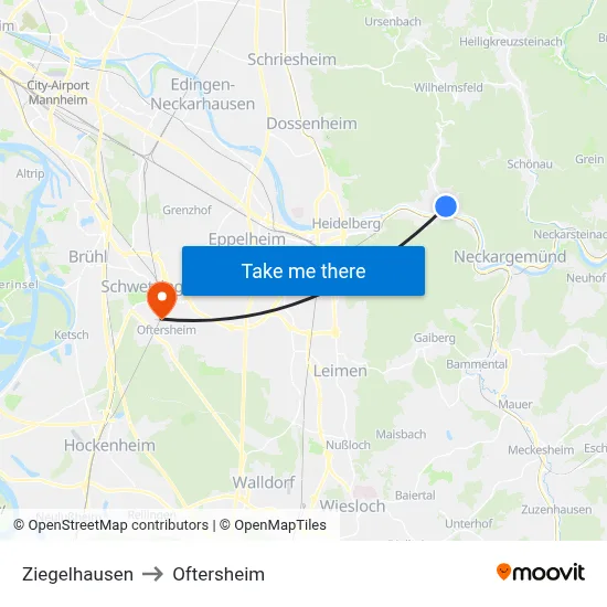 Ziegelhausen to Oftersheim map