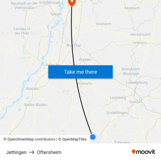 Jettingen to Oftersheim map