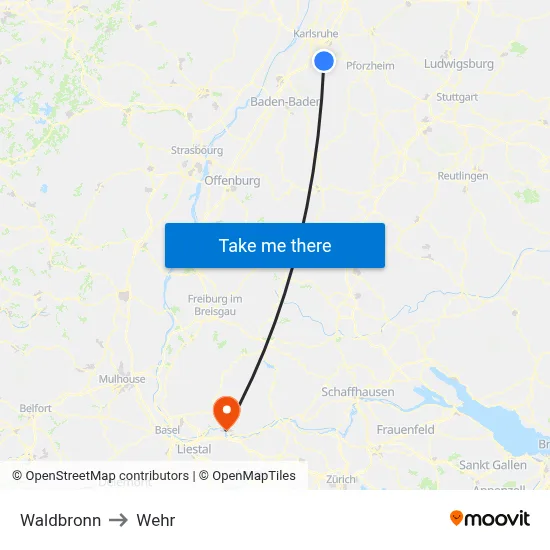 Waldbronn to Wehr map