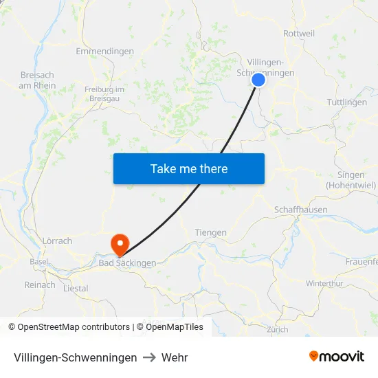 Villingen-Schwenningen to Wehr map