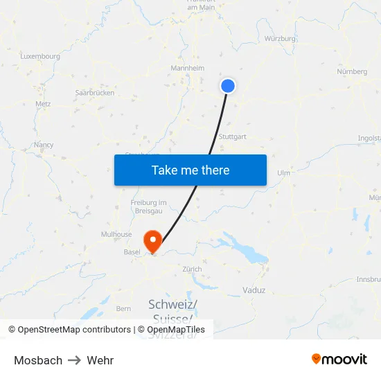 Mosbach to Wehr map