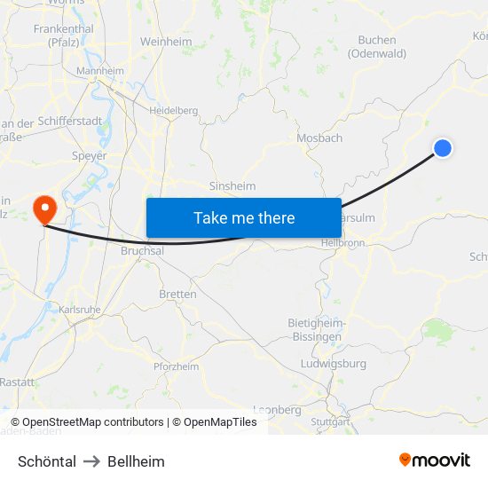 Schöntal to Bellheim map