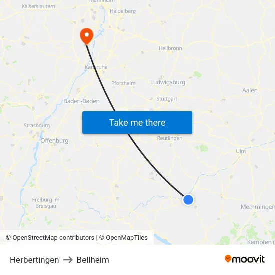 Herbertingen to Bellheim map