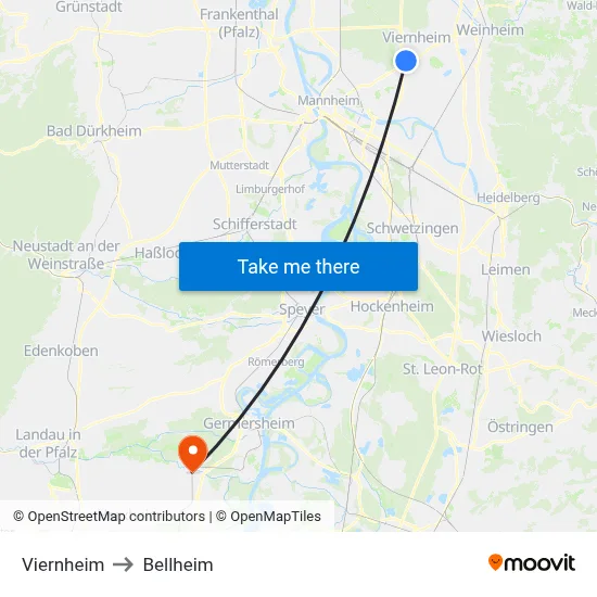 Viernheim to Bellheim map
