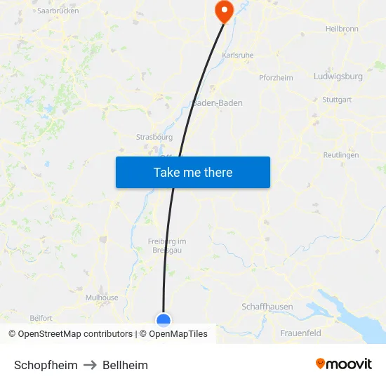 Schopfheim to Bellheim map