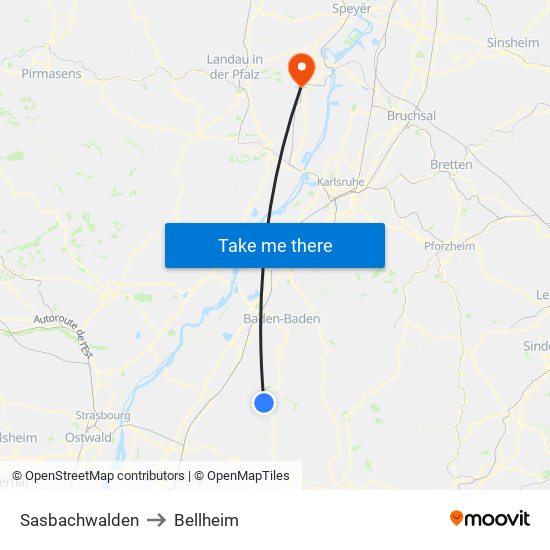 Sasbachwalden to Bellheim map