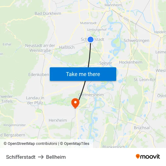 Schifferstadt to Bellheim map
