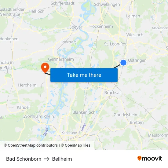 Bad Schönborn to Bellheim map