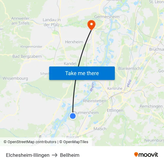Elchesheim-Illingen to Bellheim map