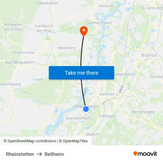 Rheinstetten to Bellheim map