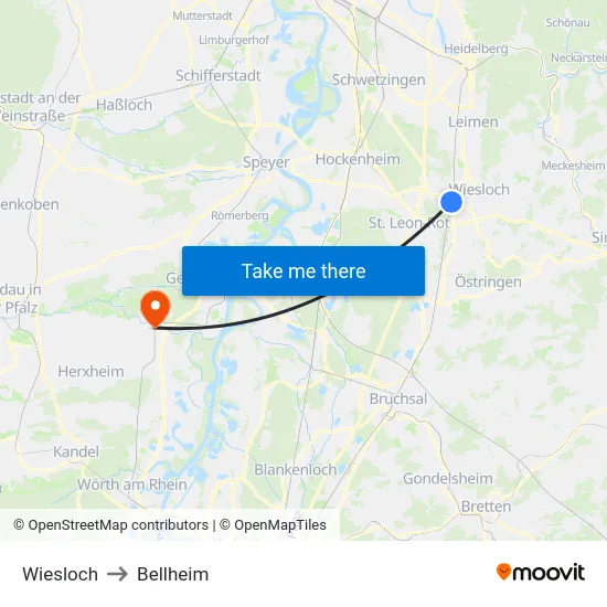 Wiesloch to Bellheim map