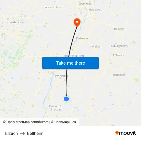 Elzach to Bellheim map