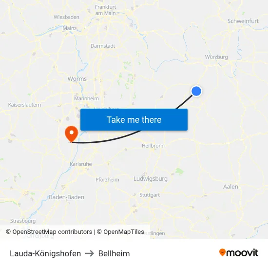 Lauda-Königshofen to Bellheim map