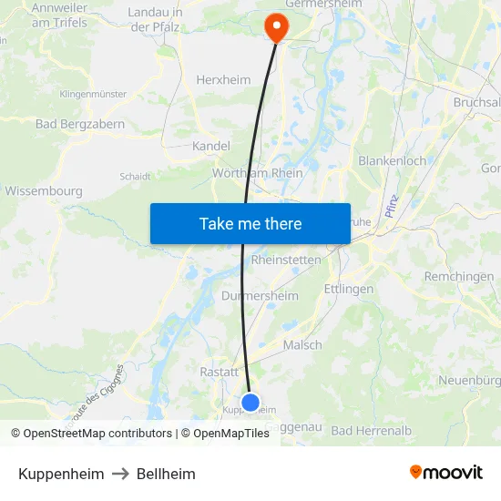 Kuppenheim to Bellheim map