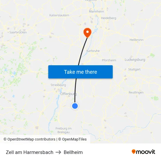 Zell am Harmersbach to Bellheim map