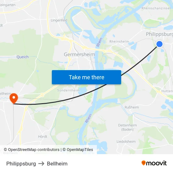Philippsburg to Bellheim map