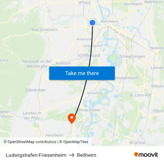 Ludwigshafen-Friesenheim to Bellheim map