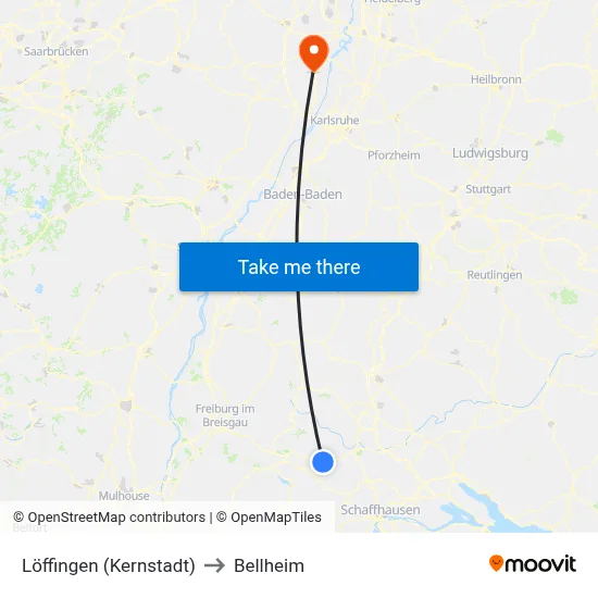 Löffingen (Kernstadt) to Bellheim map