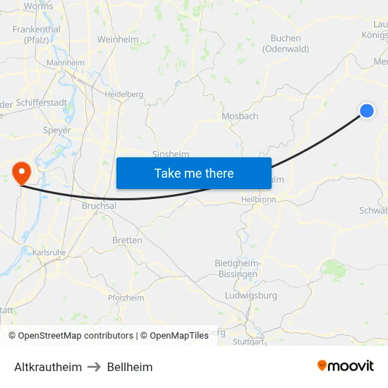Altkrautheim to Bellheim map