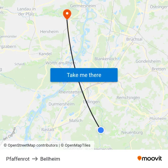 Pfaffenrot to Bellheim map