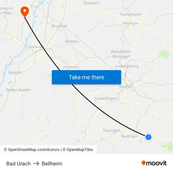 Bad Urach to Bellheim map