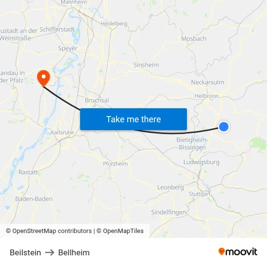 Beilstein to Bellheim map
