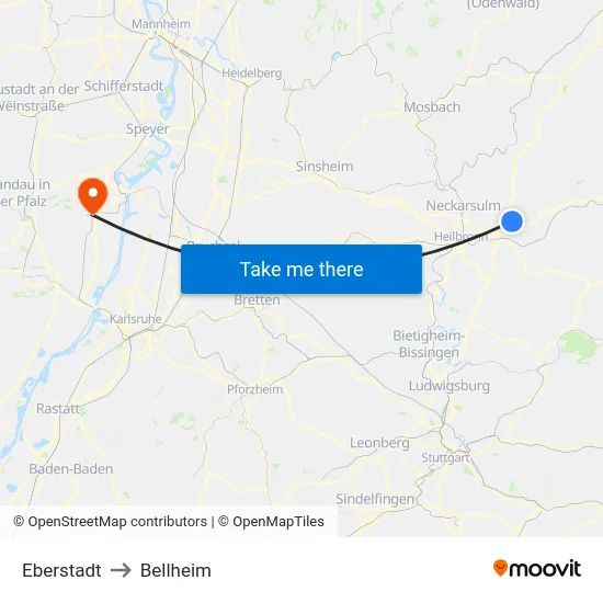 Eberstadt to Bellheim map