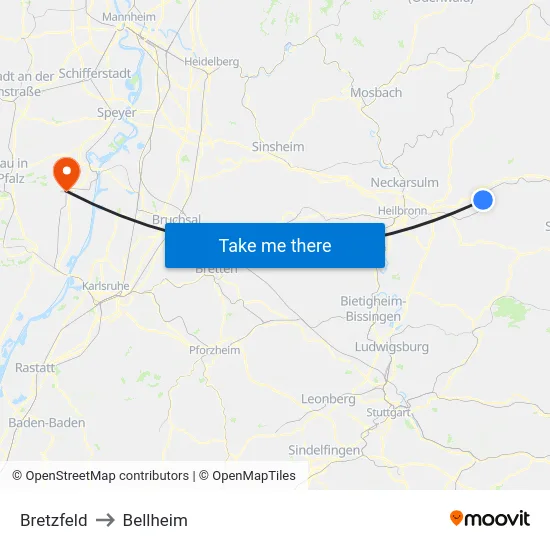 Bretzfeld to Bellheim map