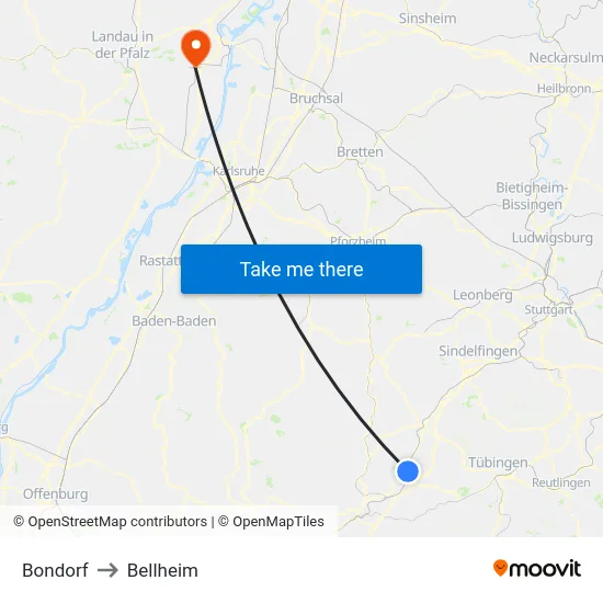 Bondorf to Bellheim map