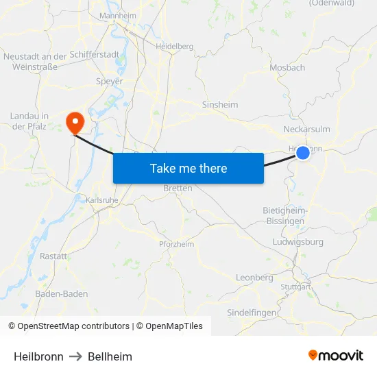 Heilbronn to Bellheim map