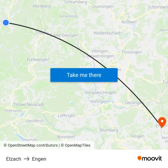 Elzach to Engen map
