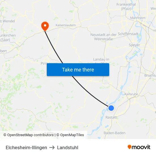 Elchesheim-Illingen to Landstuhl map