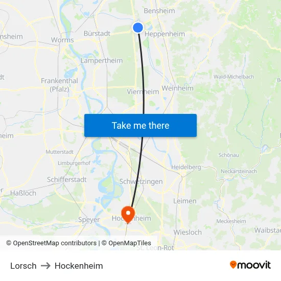 Lorsch to Hockenheim map