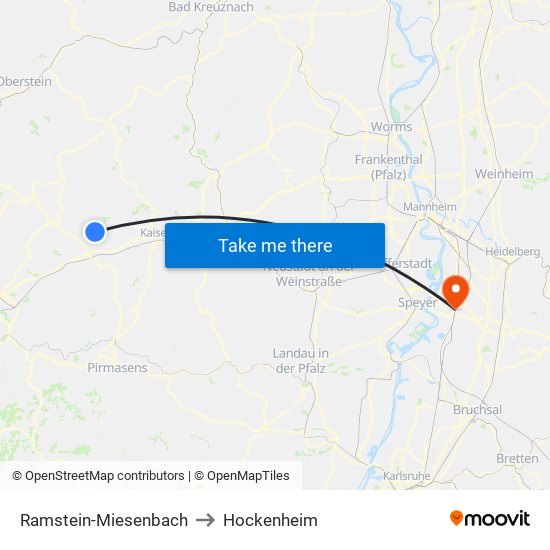 Ramstein-Miesenbach to Hockenheim map